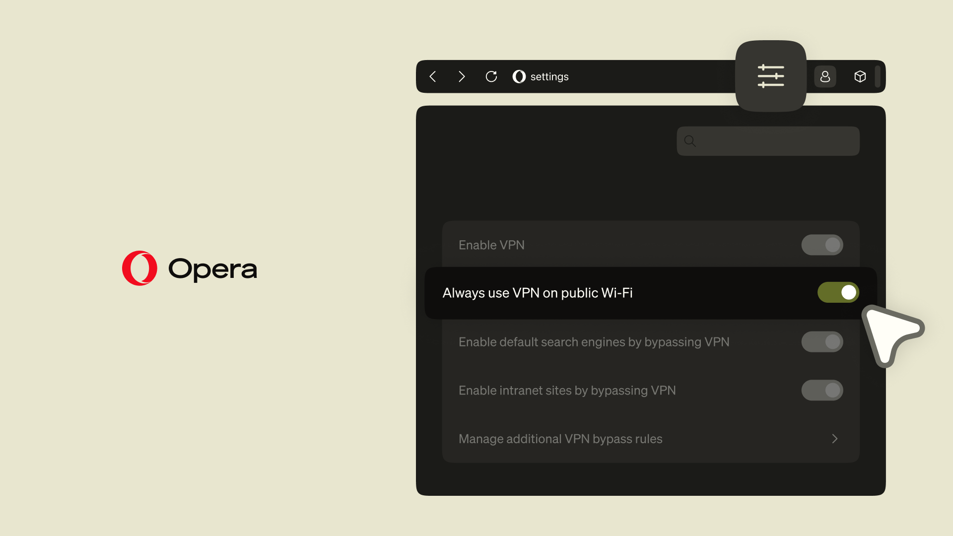 Opção para usar a VPN sempre em redes Wi-Fi públicas nas configurações do Opera