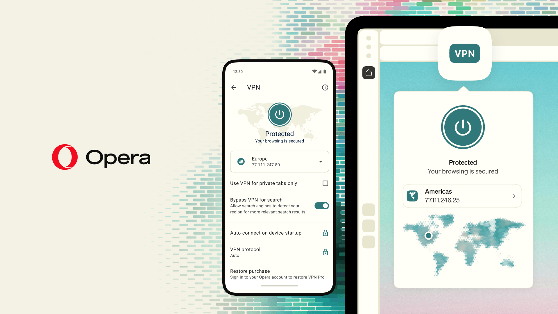 Opera com a VPN ativada no celular e no computador