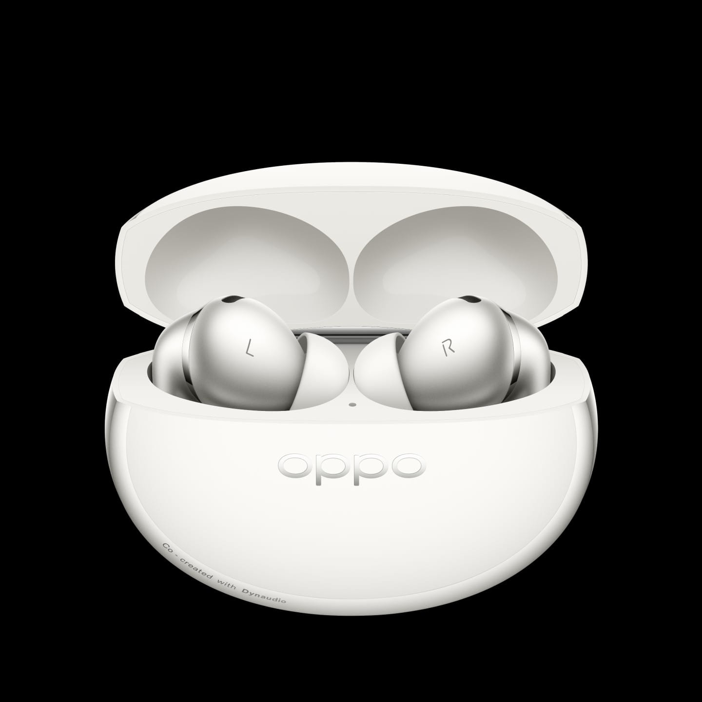 Estojo branco aberto com os dois fones OPPO Enco X4 prateados