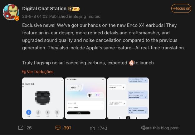 Publicação do leaker Digital Chat Station no Weibo com as primeiras imagens do Enco X4 e telas do app de tradução