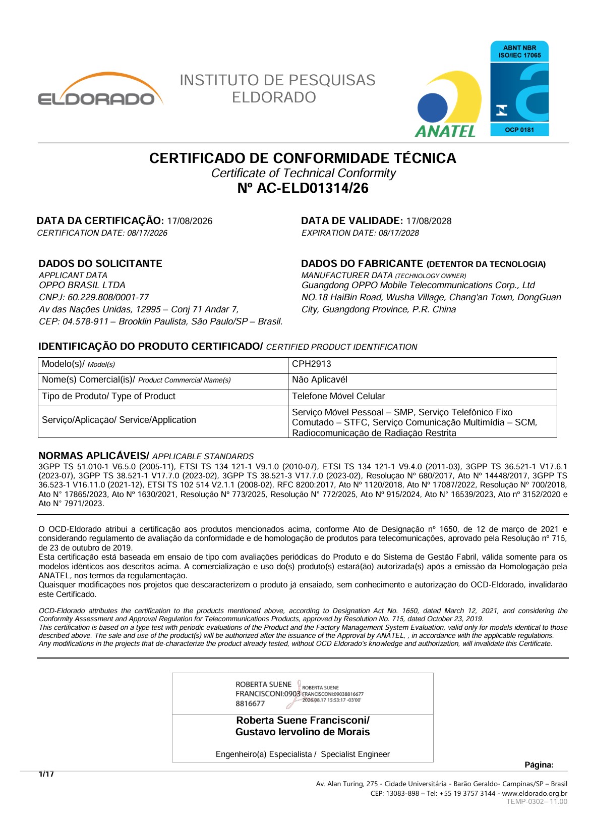 Certificado de conformidade técnica do Find X10 Pro Max