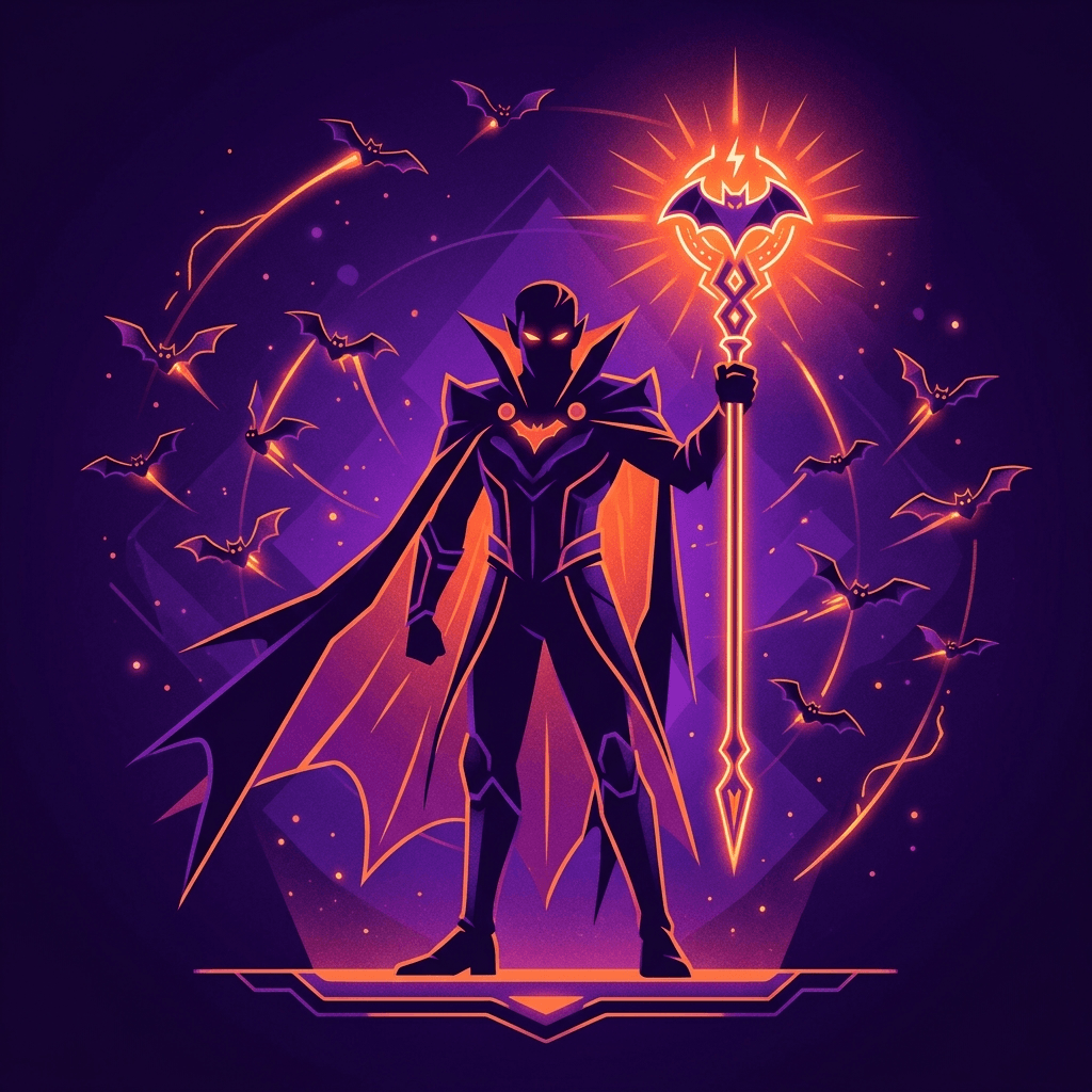 Ilustração conceitual de um personagem vampiresco com drones em formato de morcego
