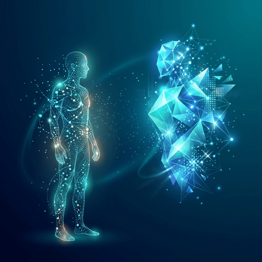Ilustração conceitual de uma silhueta humana feita de pontos luminosos diante de uma forma geométrica que representa a IA