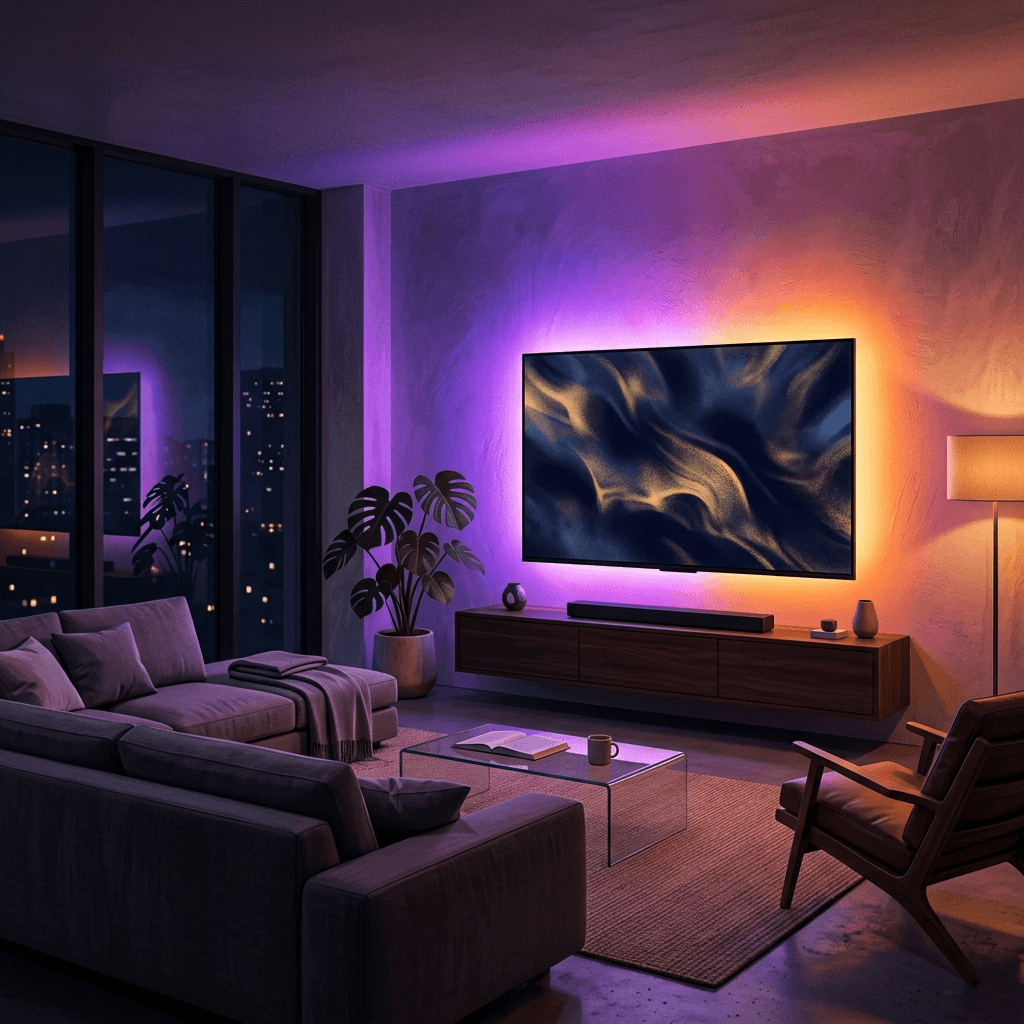 Ilustração conceitual de uma sala com iluminação LED colorida sincronizada com a TV