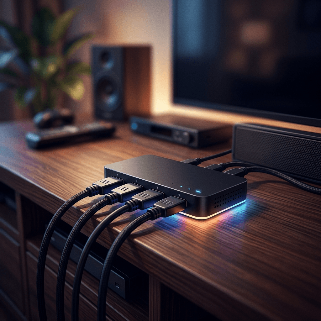 Ilustração conceitual de um hub HDMI compacto em um rack de TV