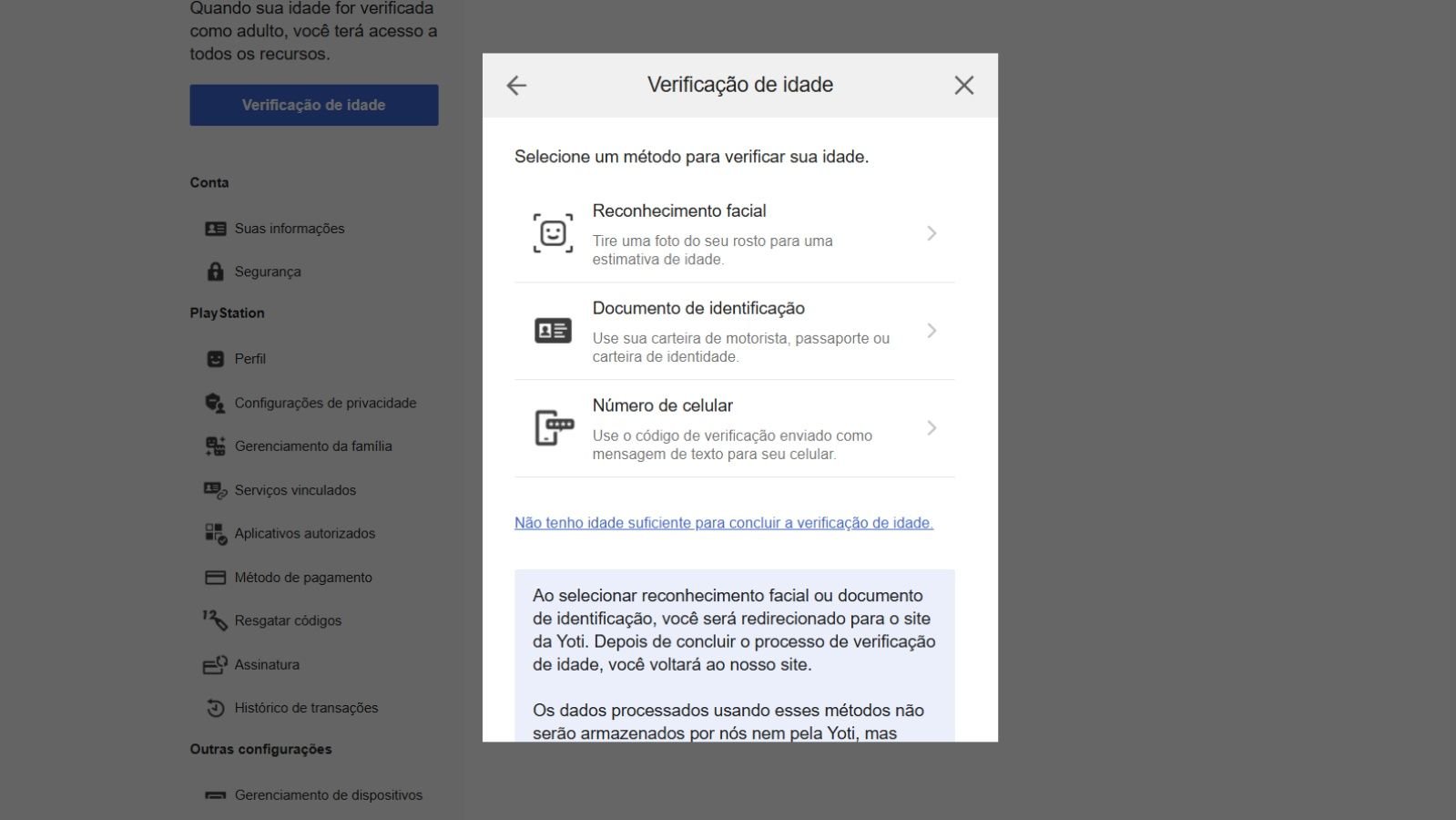Aviso de verificação de idade na PlayStation Store brasileira