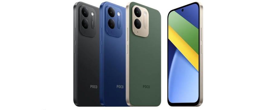 POCO C95 Pro em preto, azul, bege e verde, de frente e de costas