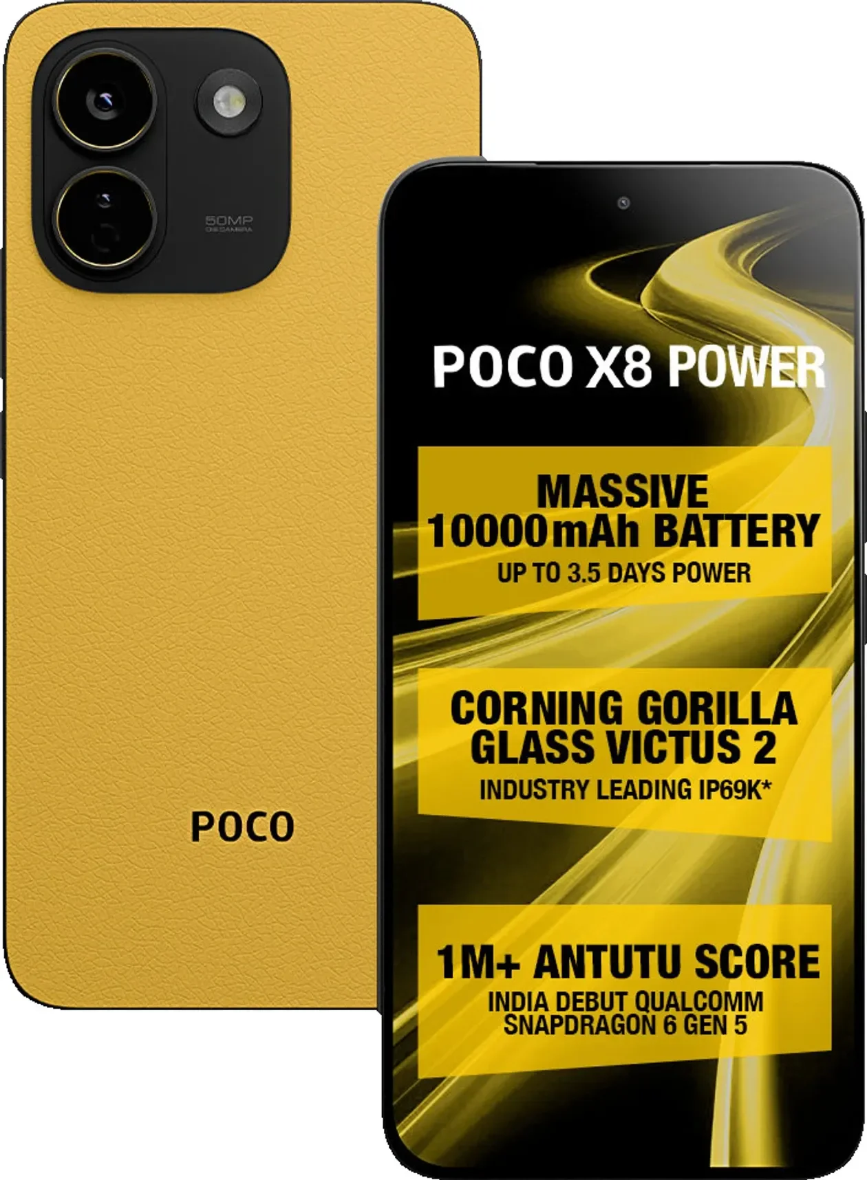 POCO X8 Power em amarelo, com destaque para a bateria de 10.000 mAh, o Gorilla Glass Victus 2 e o chip Snapdragon 6 Gen 5