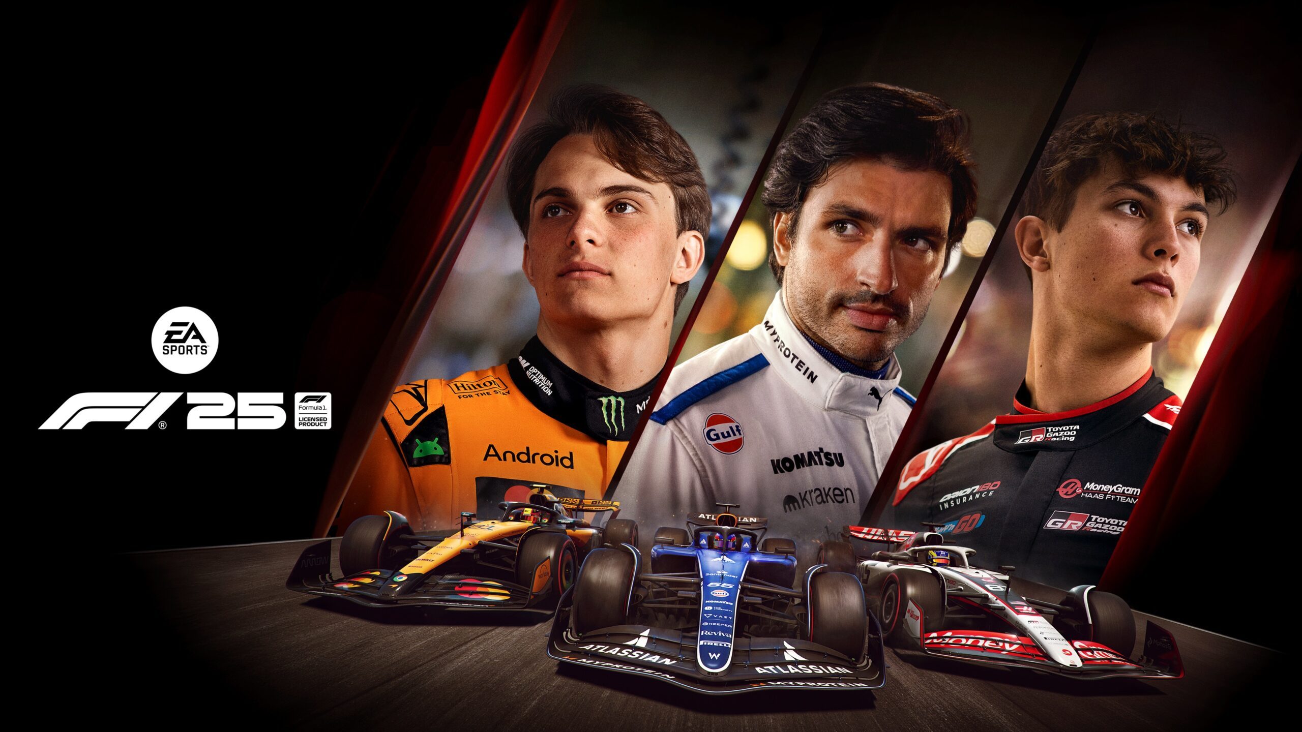Arte de F1 25 com pilotos e carros da temporada 2025