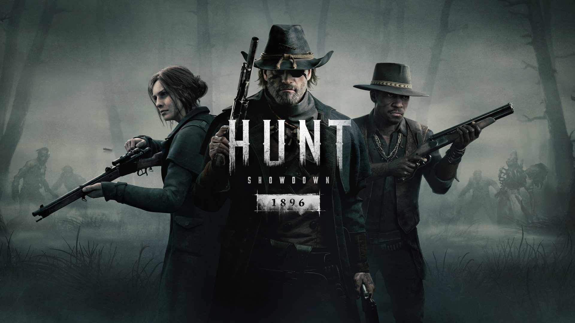 Personagens de Hunt: Showdown 1896 armados em um pântano