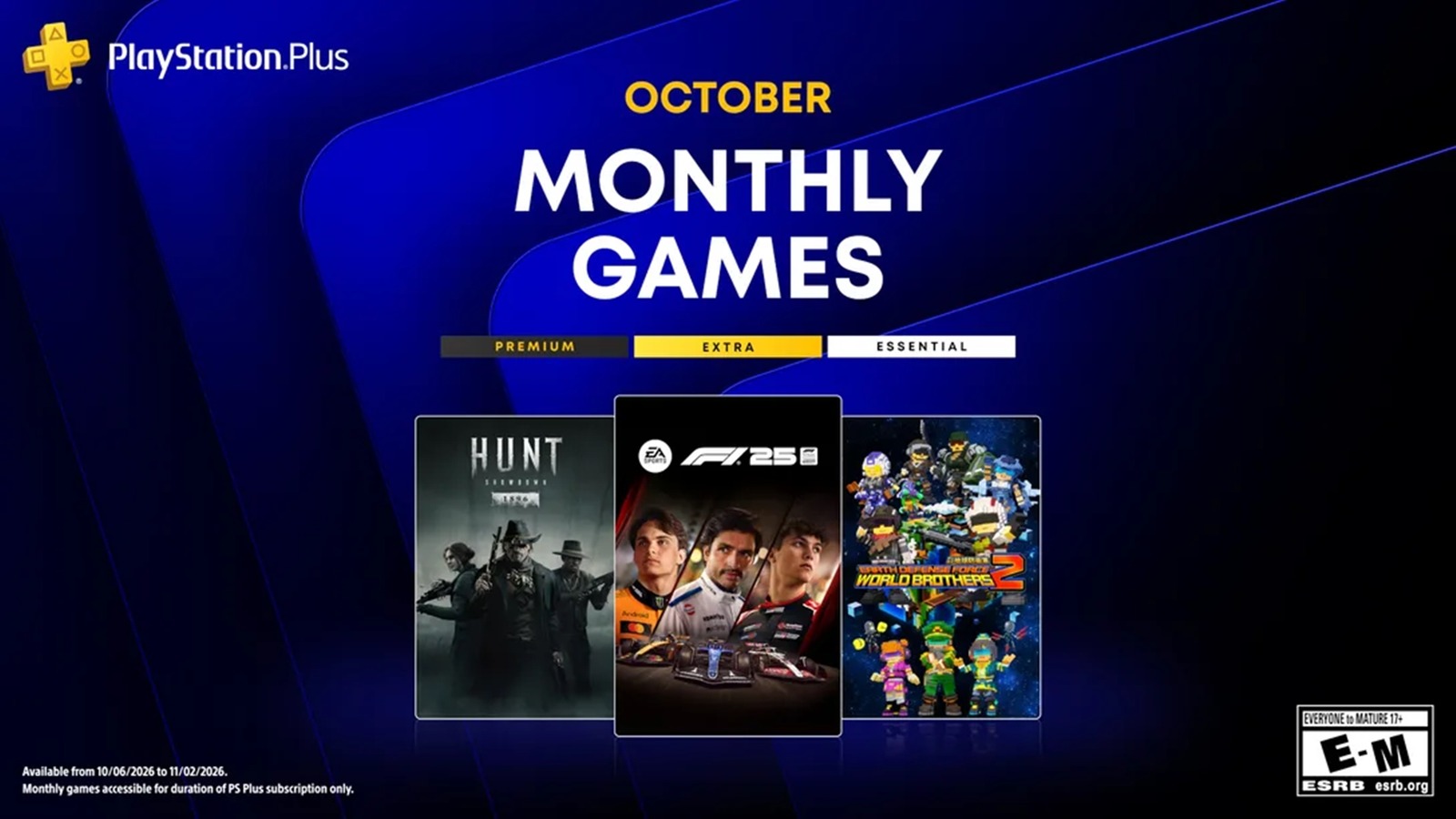 PS Plus Essential de outubro tem F1 25, Hunt: Showdown 1896 e Earth Defense Force: World Brothers 2