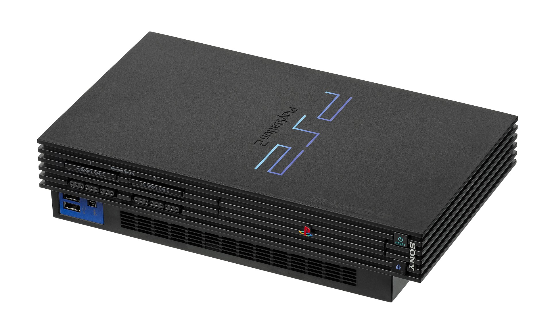 PlayStation 2 Fat visto de lado, com as entradas de memory card e as portas USB