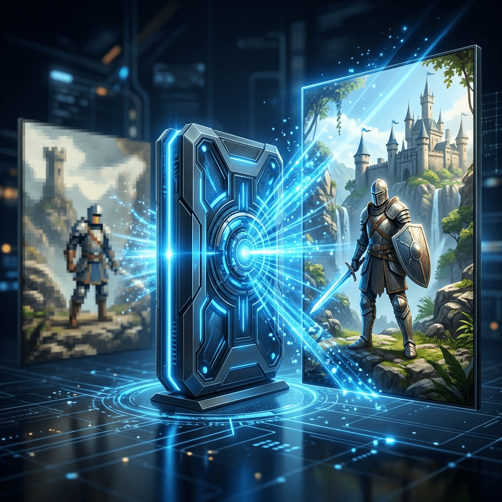 Ilustração conceitual de um console convertendo uma imagem de baixa resolução em uma imagem nítida