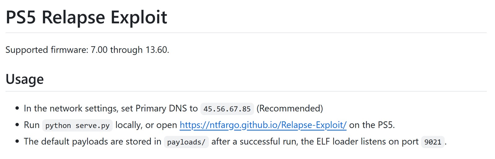 Página do projeto Relapse Exploit no GitHub indicando suporte aos firmwares 7.00 a 13.60