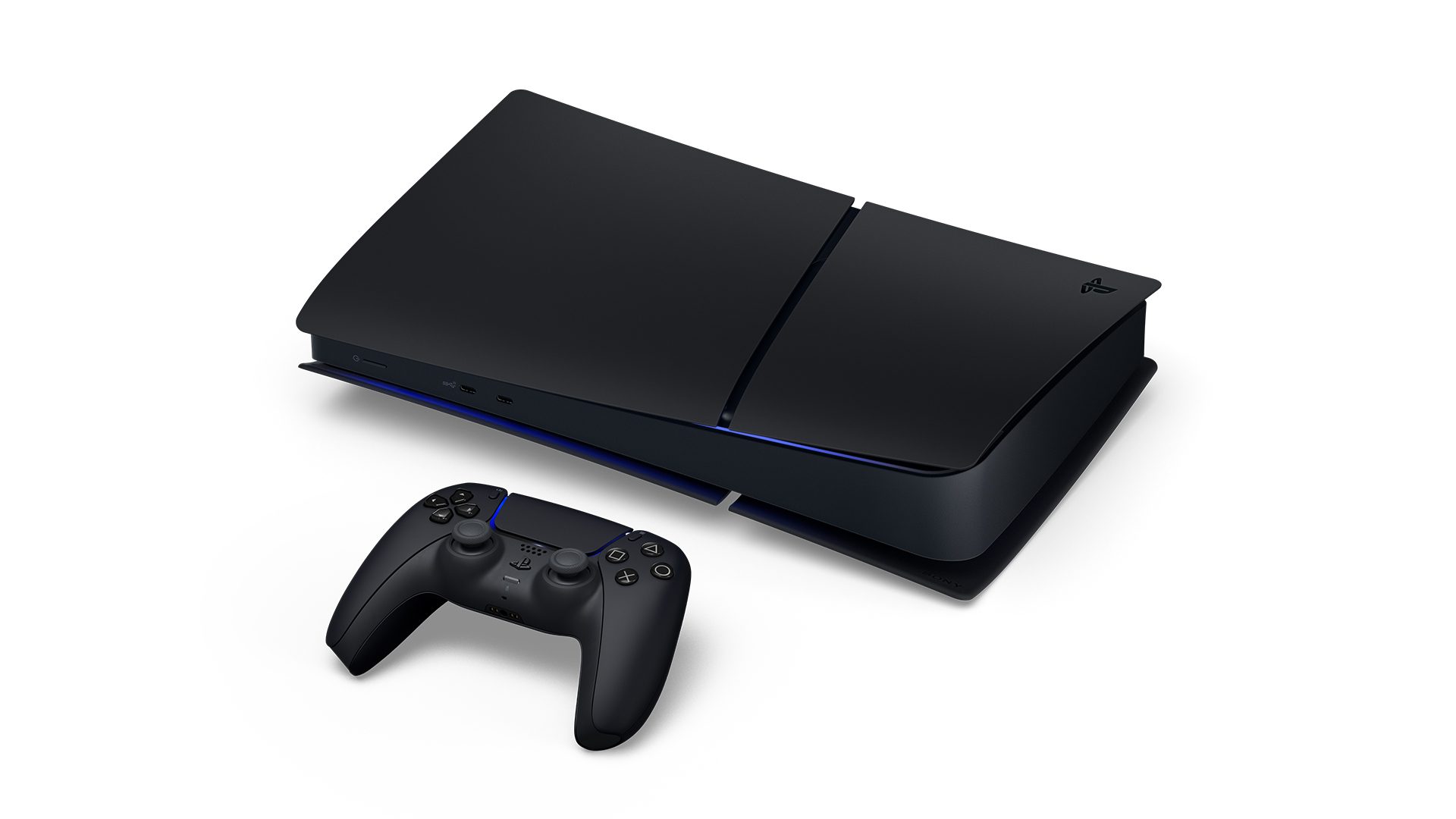 PS5 Digital Midnight Black deitado ao lado do controle preto, em imagem de divulgação da Sony