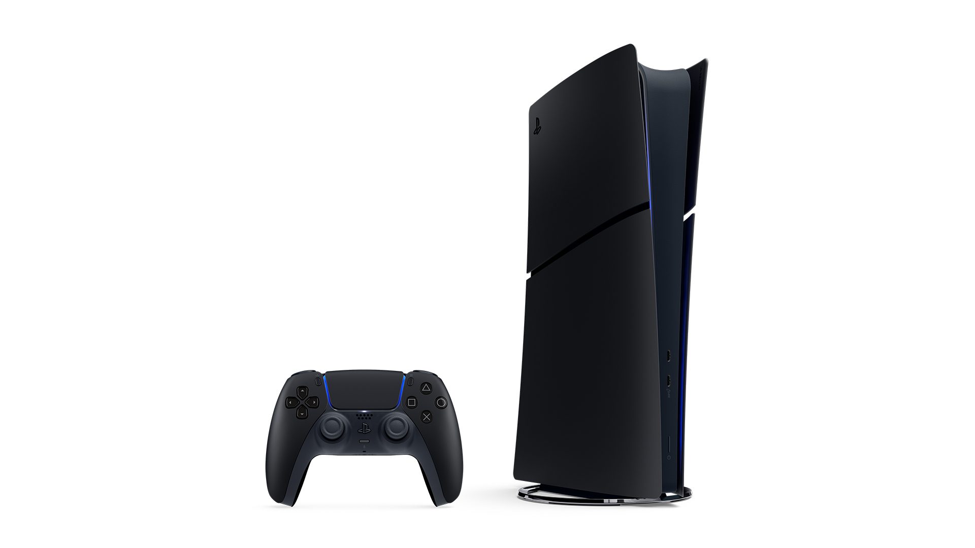 PS5 Digital Midnight Black na posição vertical, em imagem de divulgação da Sony