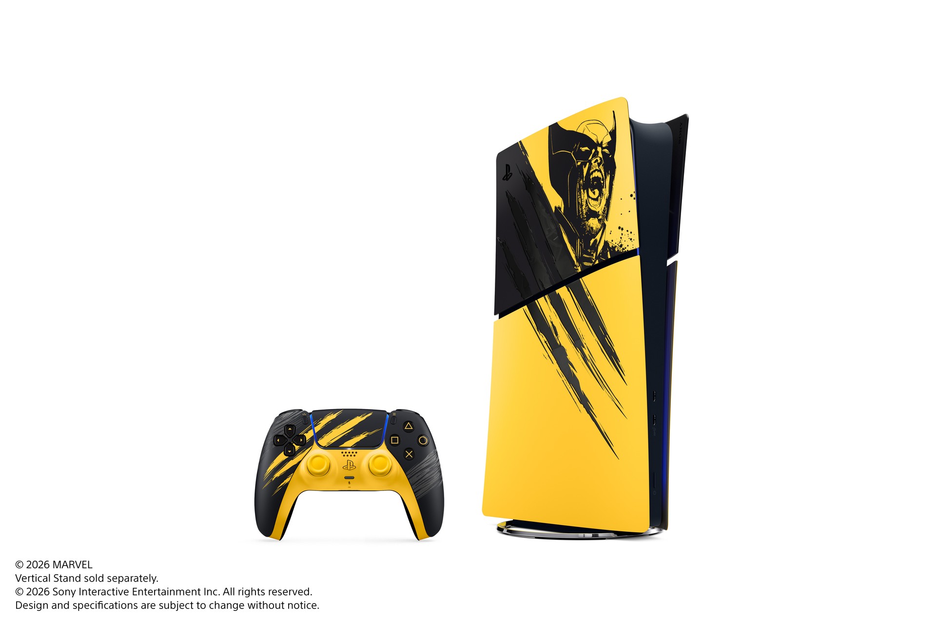 PS5 Slim edição Marvel's Wolverine, em amarelo e preto, ao lado do DualSense temático