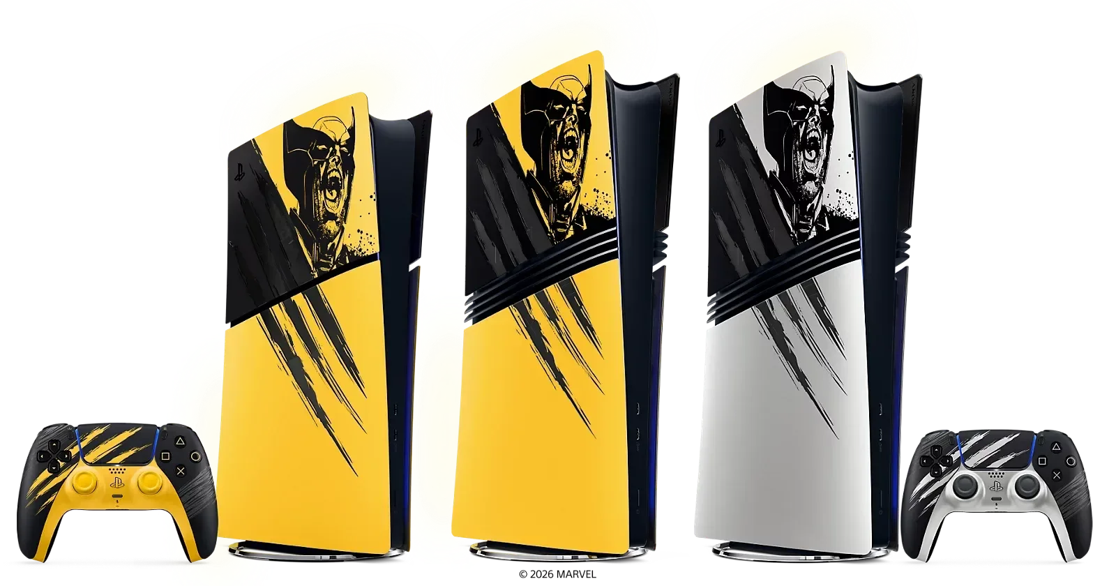 PS5 Edição Digital em amarelo com marcas de garra, edição limitada de Marvel's Wolverine