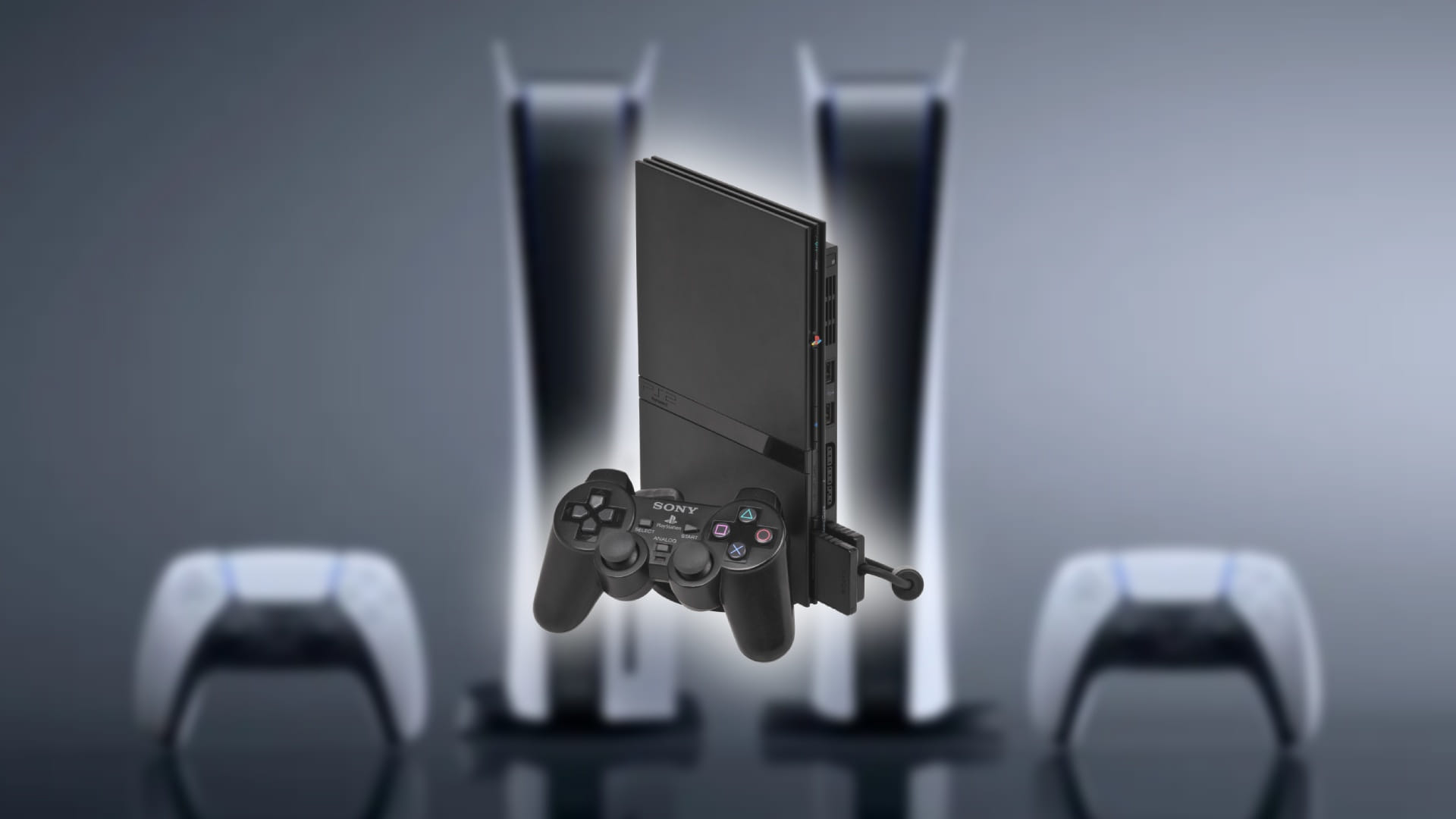Consoles PlayStation 2 e PlayStation 5 em imagem de divulgação