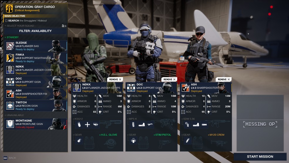 Tela de seleção de esquadrão com operadores de Siege em Rainbow Six Tactics