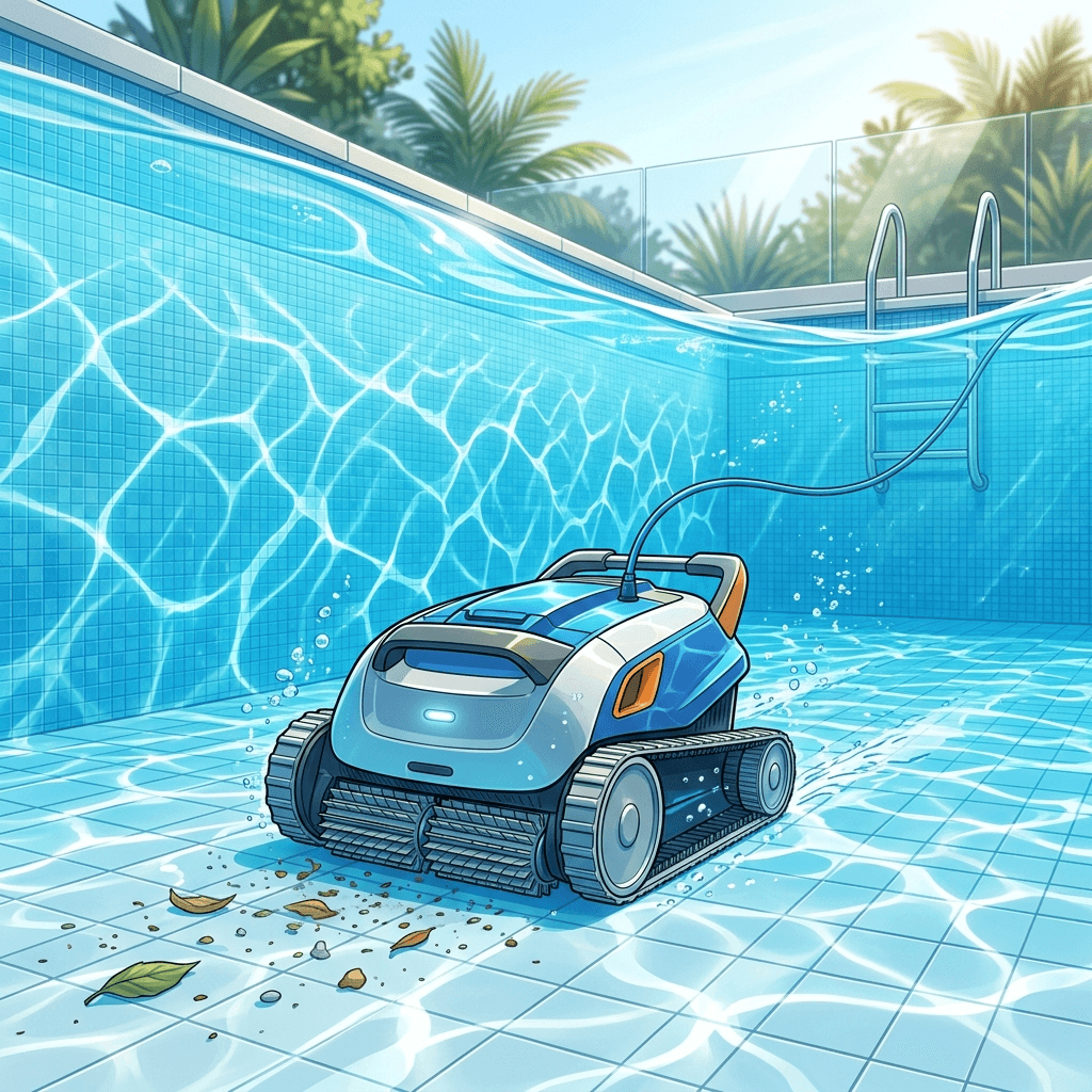 Ilustração conceitual de um robô de limpeza trabalhando dentro de uma piscina