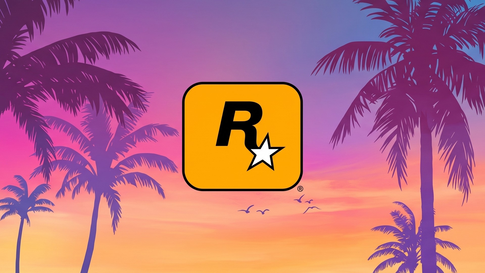 Logo da Rockstar Games sobre pôr do sol com palmeiras