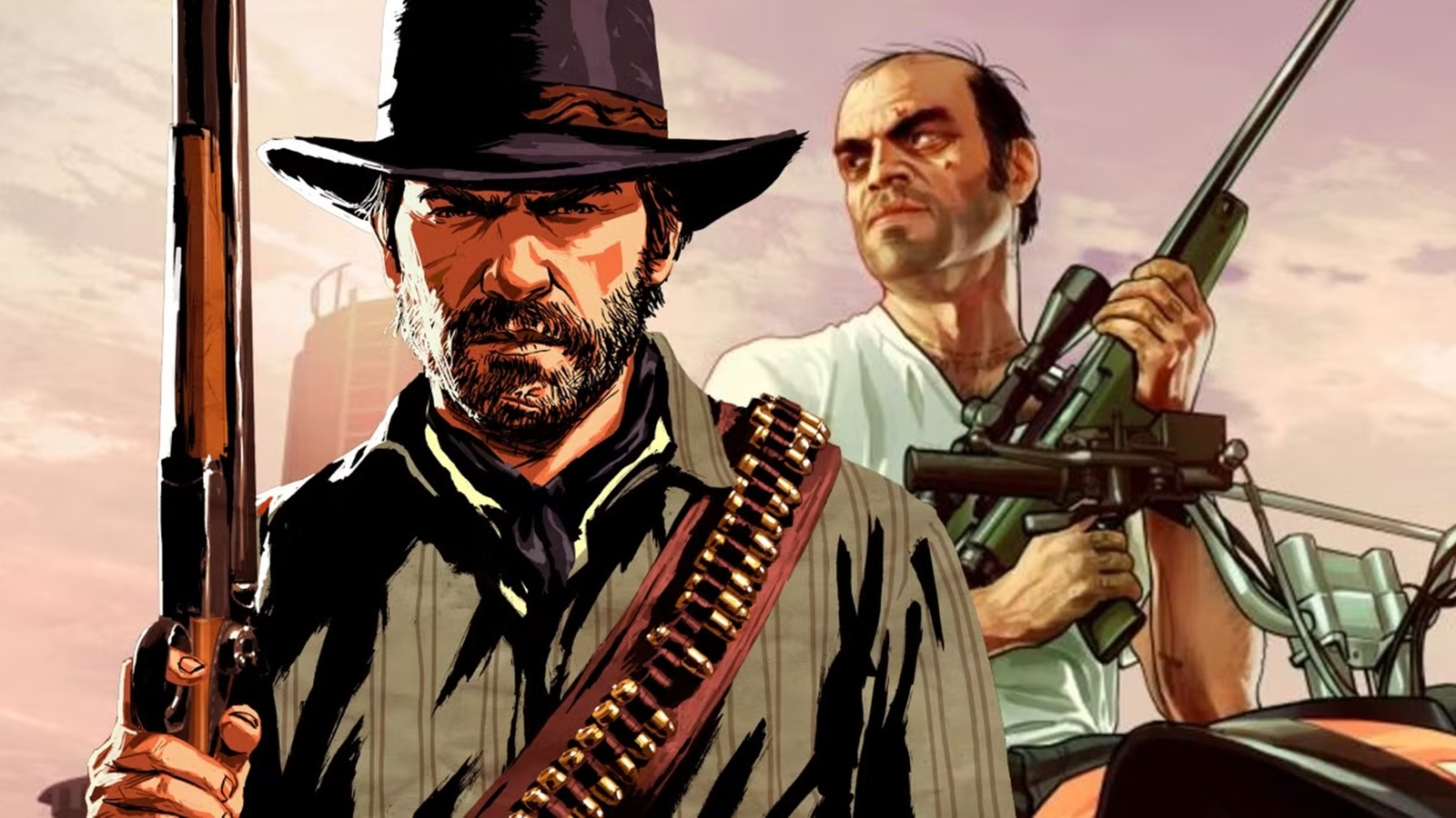 Arthur Morgan, de Red Dead Redemption 2, ao lado de Trevor, de GTA 5