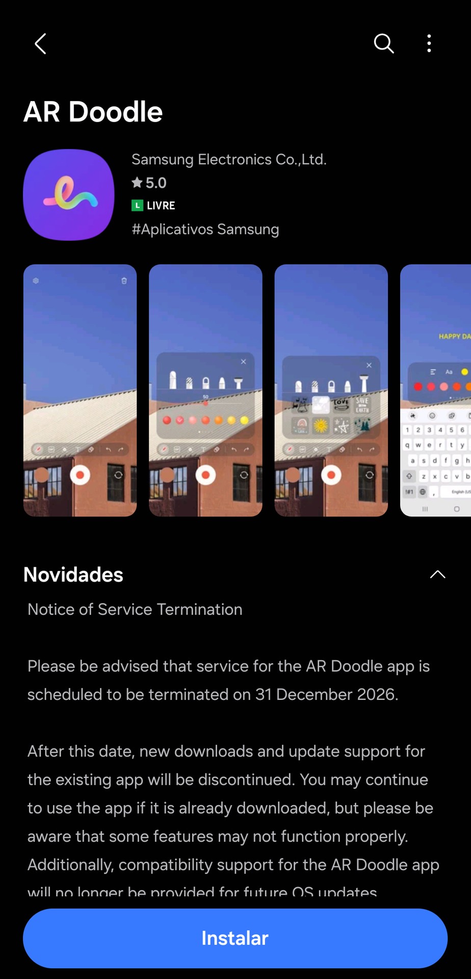 Aviso de encerramento do AR Doodle na Galaxy Store
