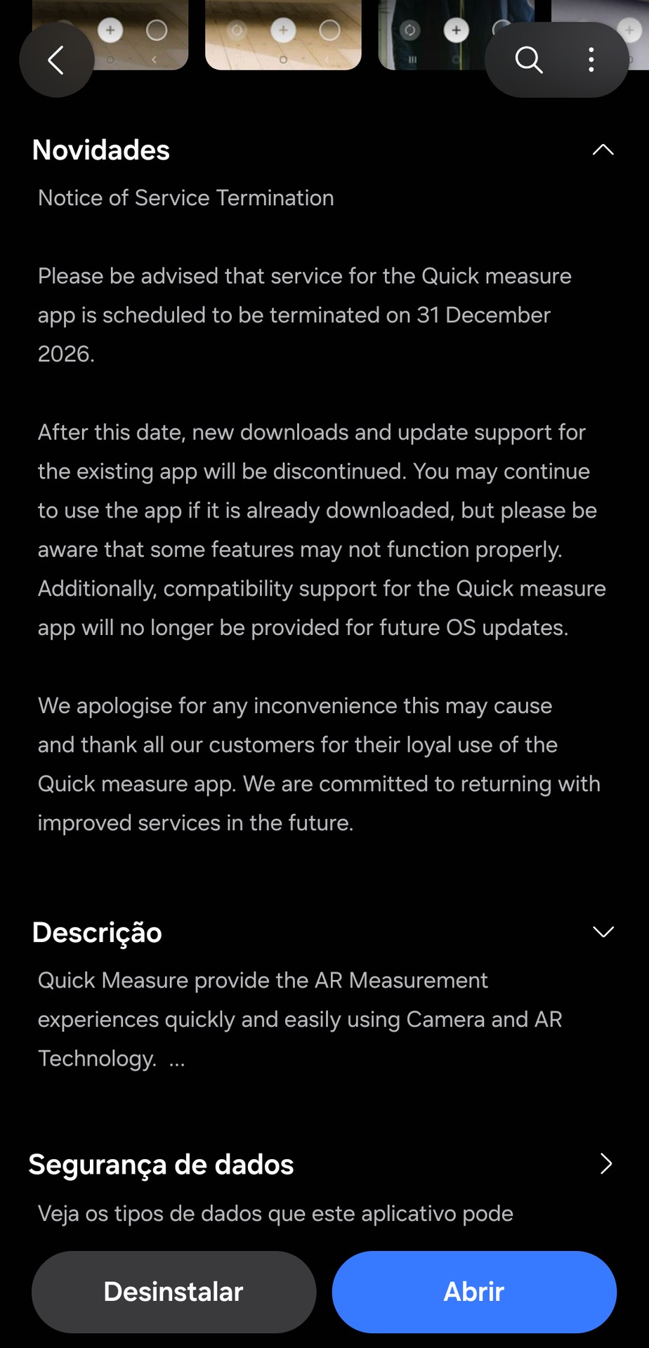 Aviso de encerramento do Medição Rápida na Galaxy Store