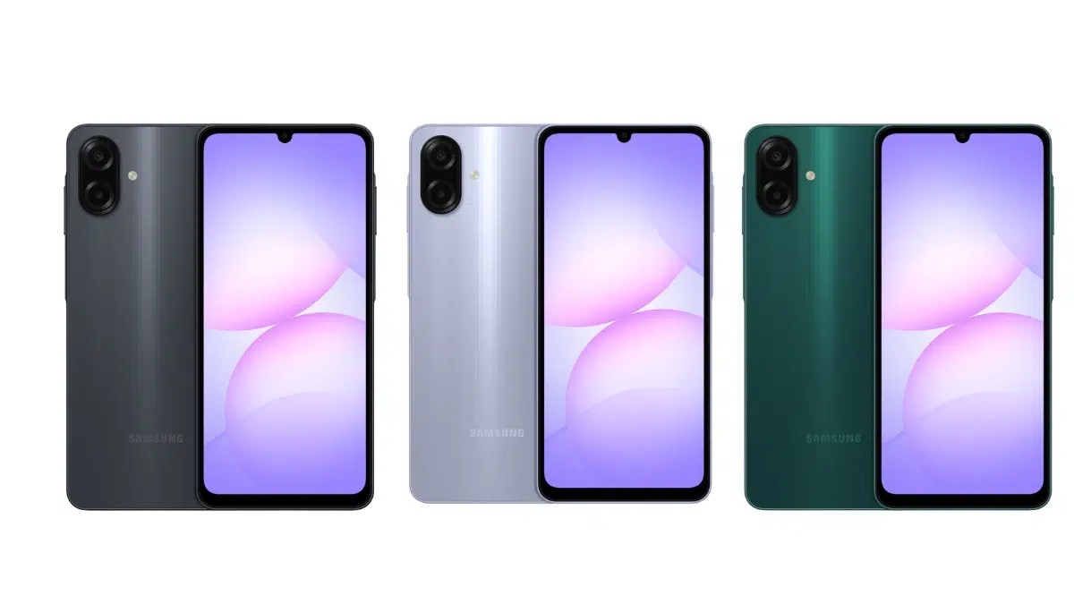 Galaxy A07s nas cores preto, verde e violeta-claro