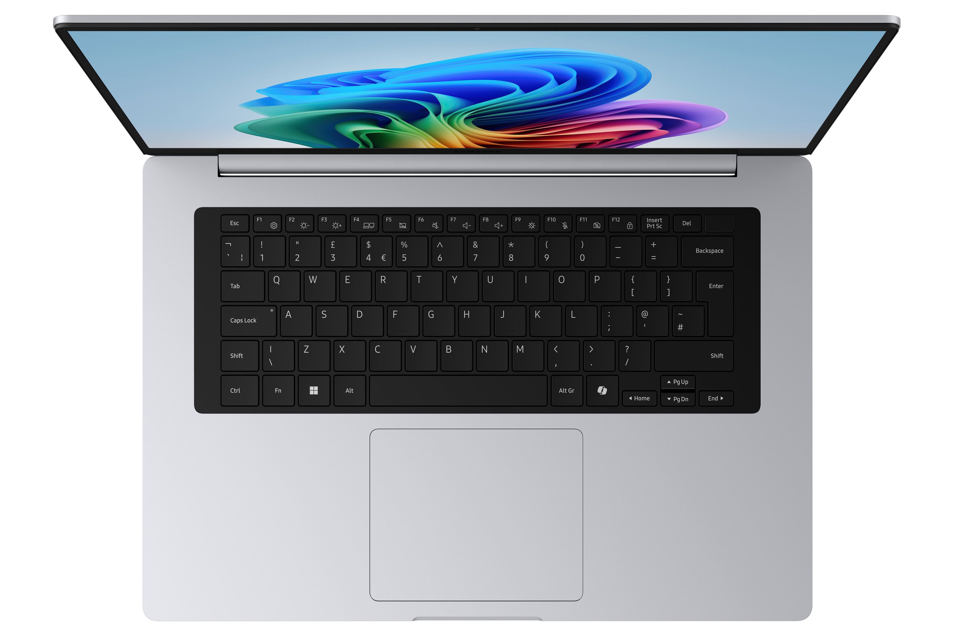 Galaxy Book 6 aberto, mostrando teclado e tela