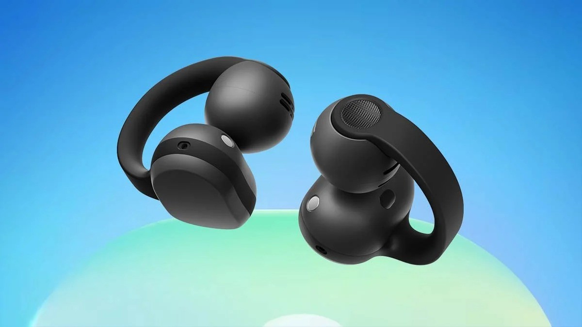 Galaxy Buds On em preto sobre fundo azul e verde