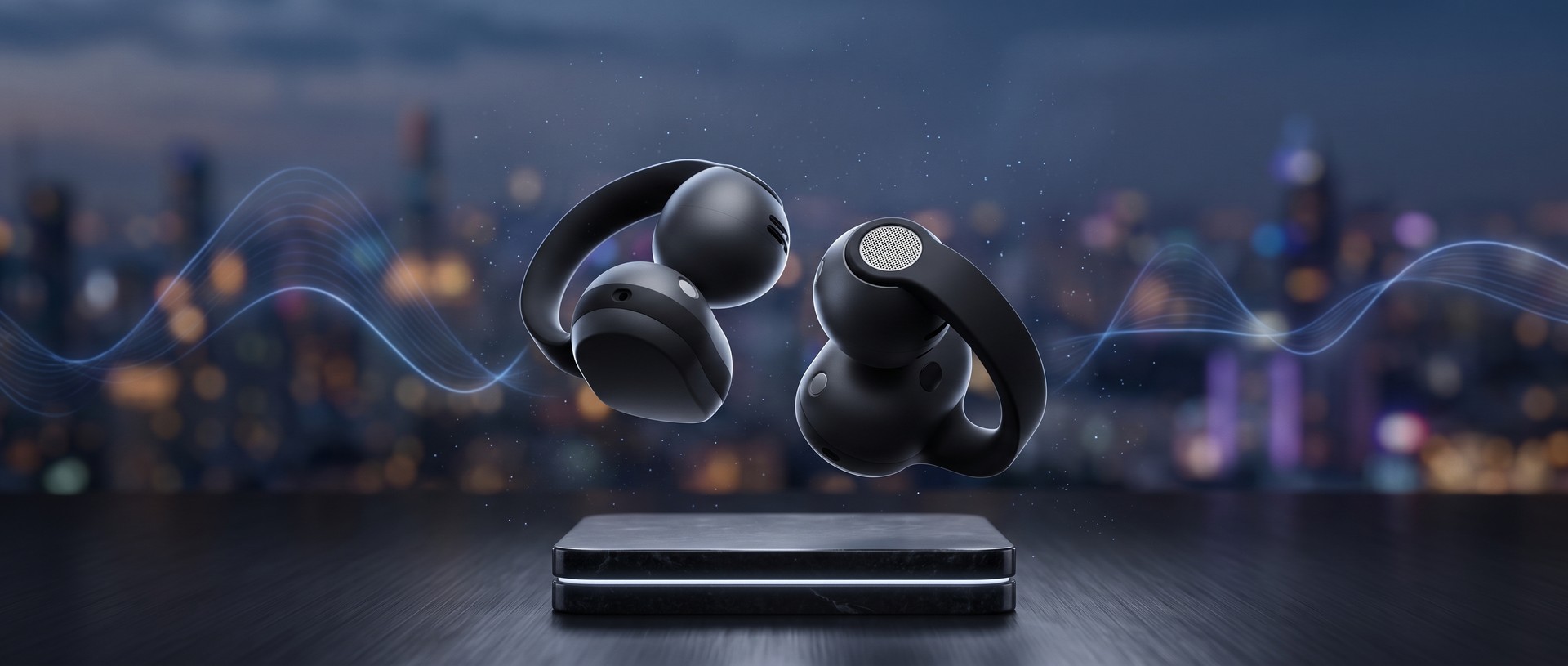 Galaxy Buds On em preto flutuando sobre o estojo, com uma cidade ao fundo