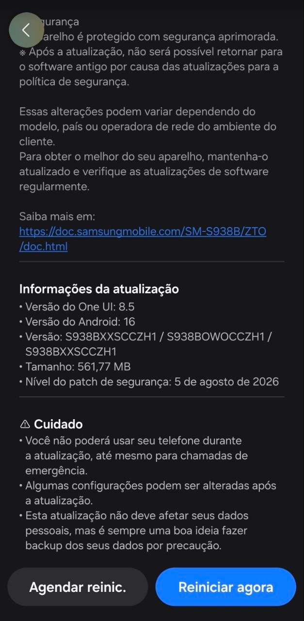 Informações da atualização: One UI 8.5, Android 16 e patch de 5 de agosto de 2026