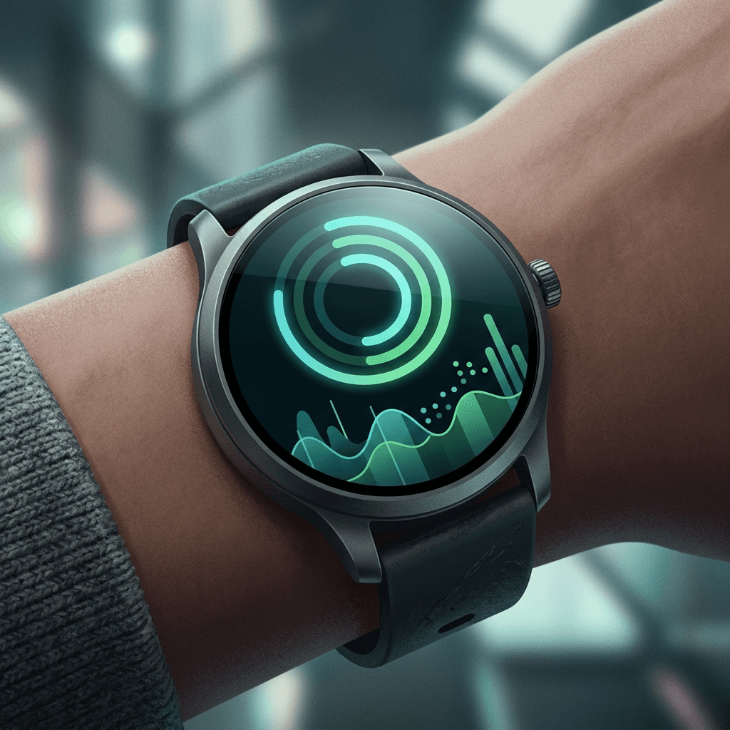 Ilustração conceitual de um smartwatch exibindo um painel de métricas de saúde