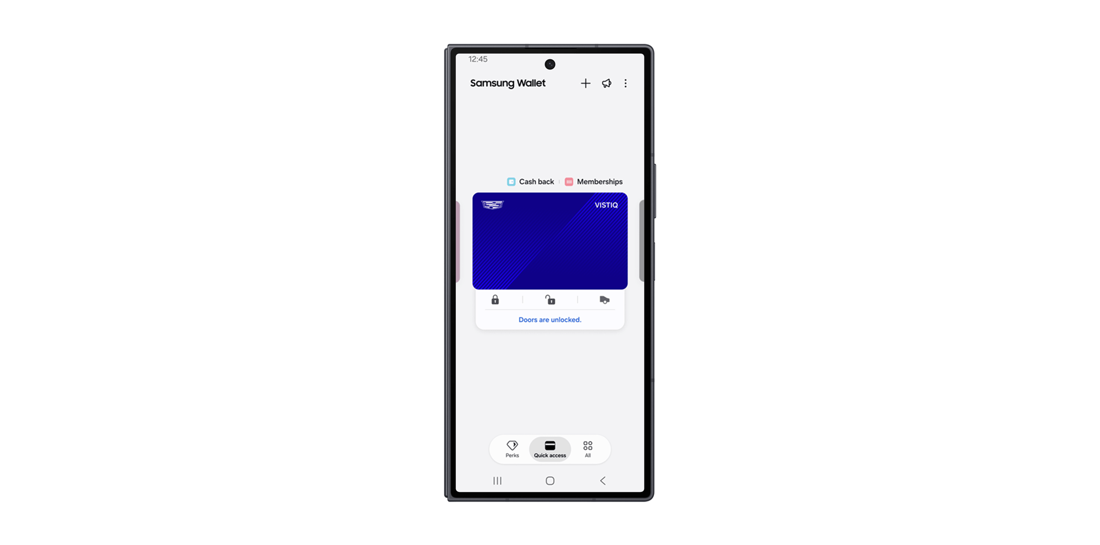 Chave digital Cadillac exibida no Samsung Wallet de um Galaxy