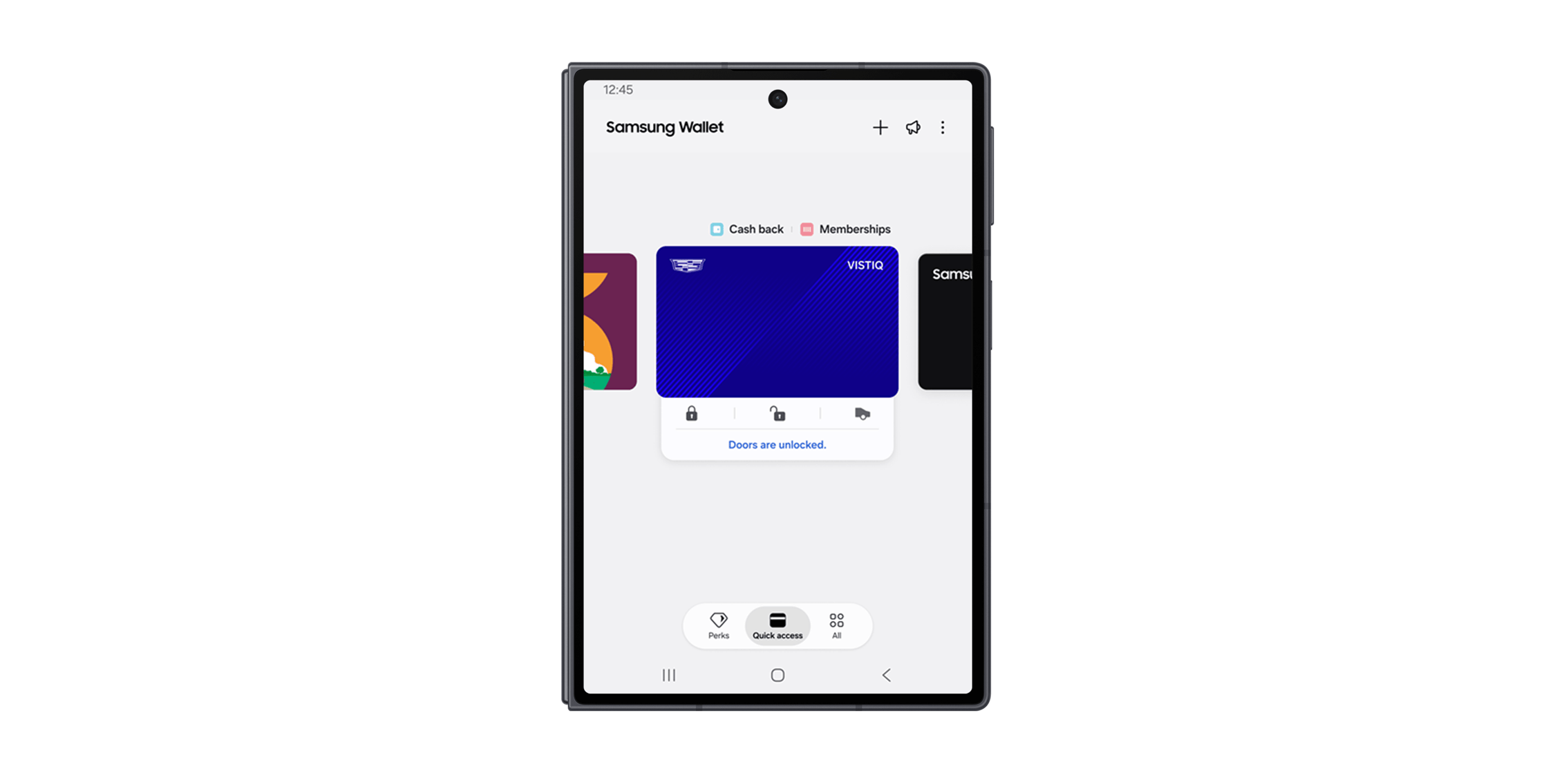 Samsung Wallet com cartões e chave digital em um Galaxy dobrável aberto