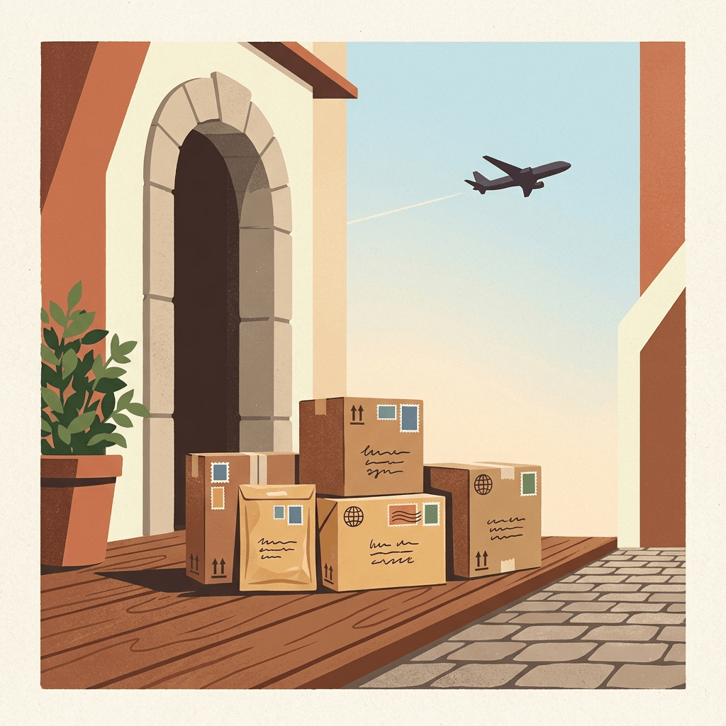 Ilustração conceitual de encomendas internacionais chegando a uma residência