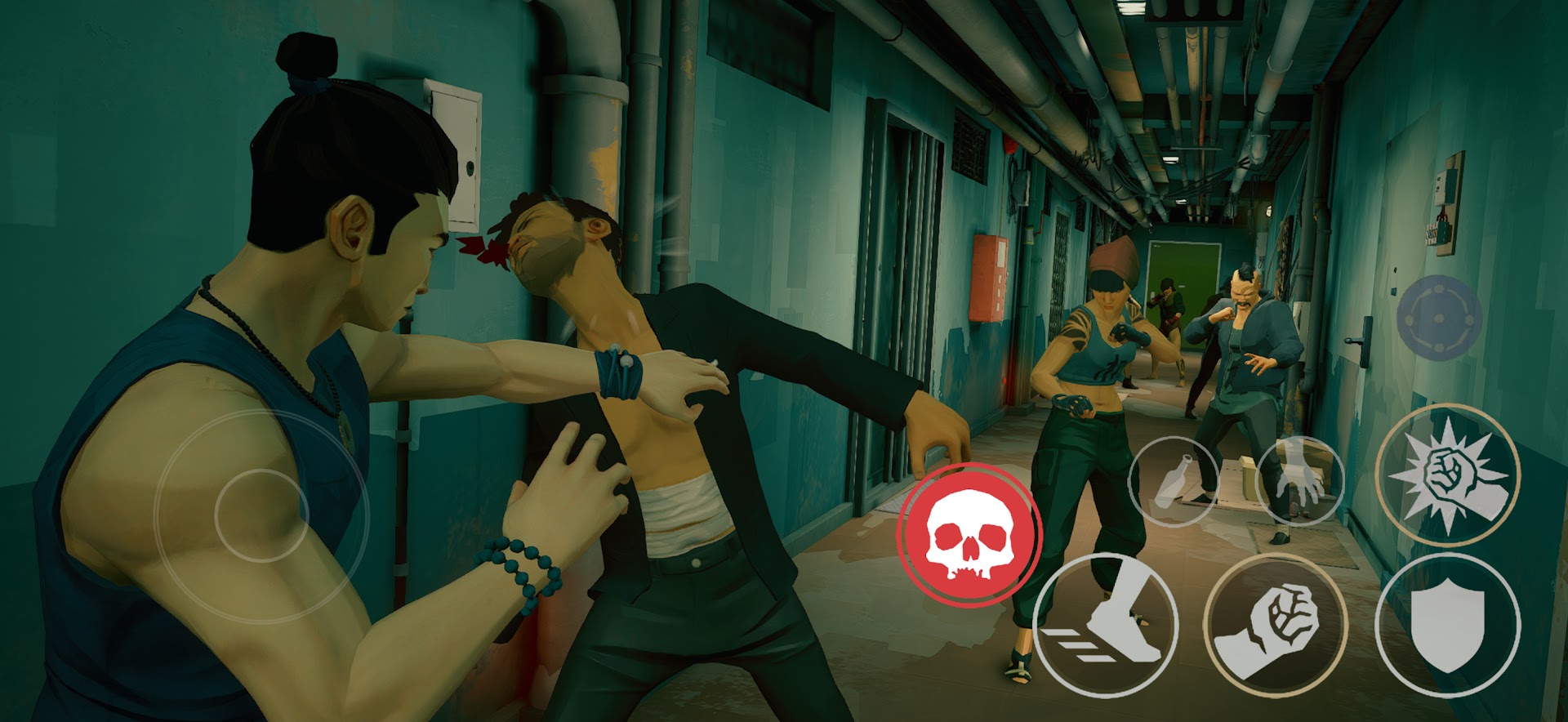 Combate de Sifu com os botões de movimento, ataque e defesa na tela do celular