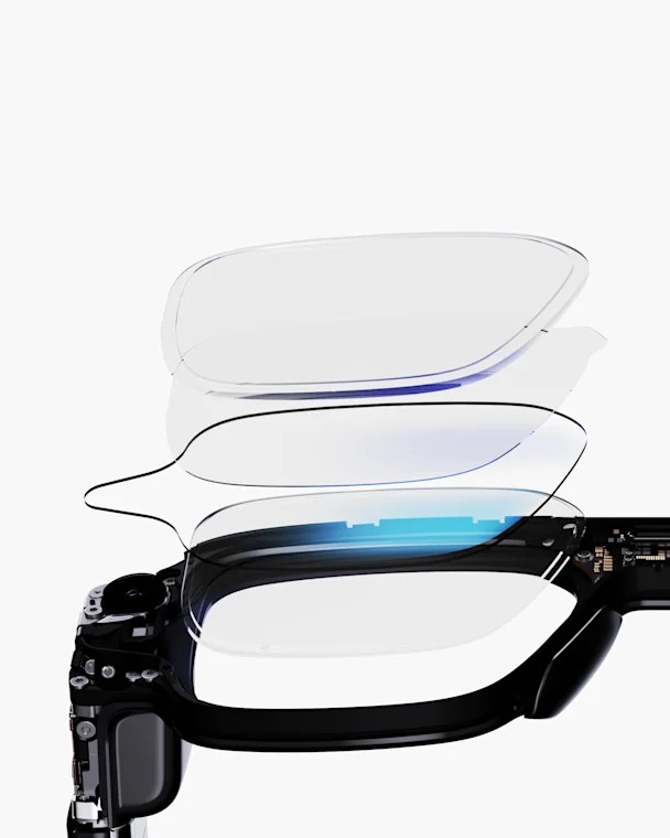 Detalhe do conjunto de lentes dos Snap Specs, com as camadas separadas