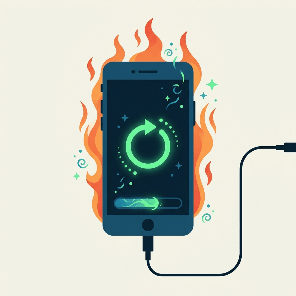 Ilustração de celular ligado ao carregador com ícone de reinício e ondas de calor