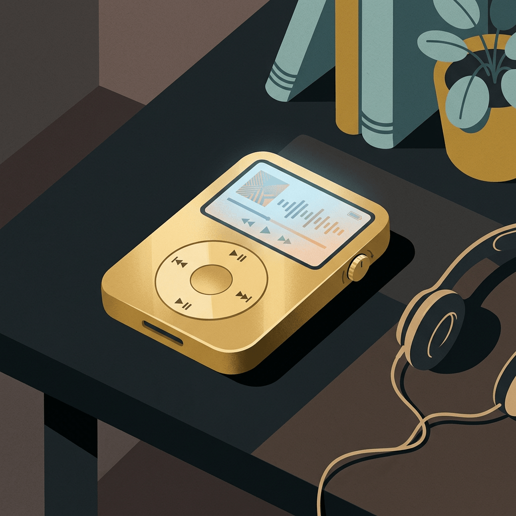 Ilustração de apoio gerada por IA: tocador de música dourado; não representa um modelo real da Sony.