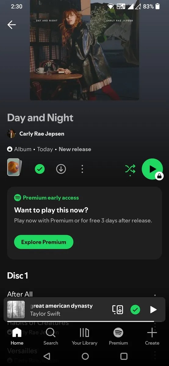 Tela do Spotify no plano gratuito com o aviso de acesso antecipado para assinantes Premium