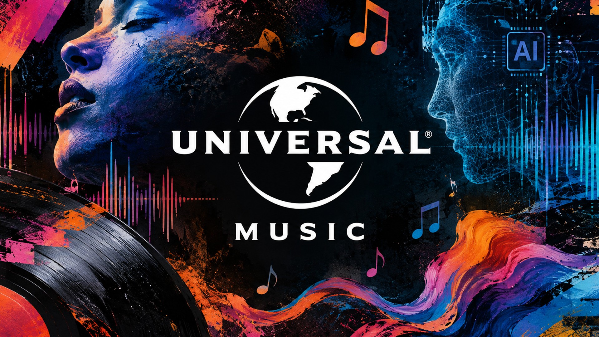 Arte com o logo da Universal Music e elementos de música e inteligência artificial