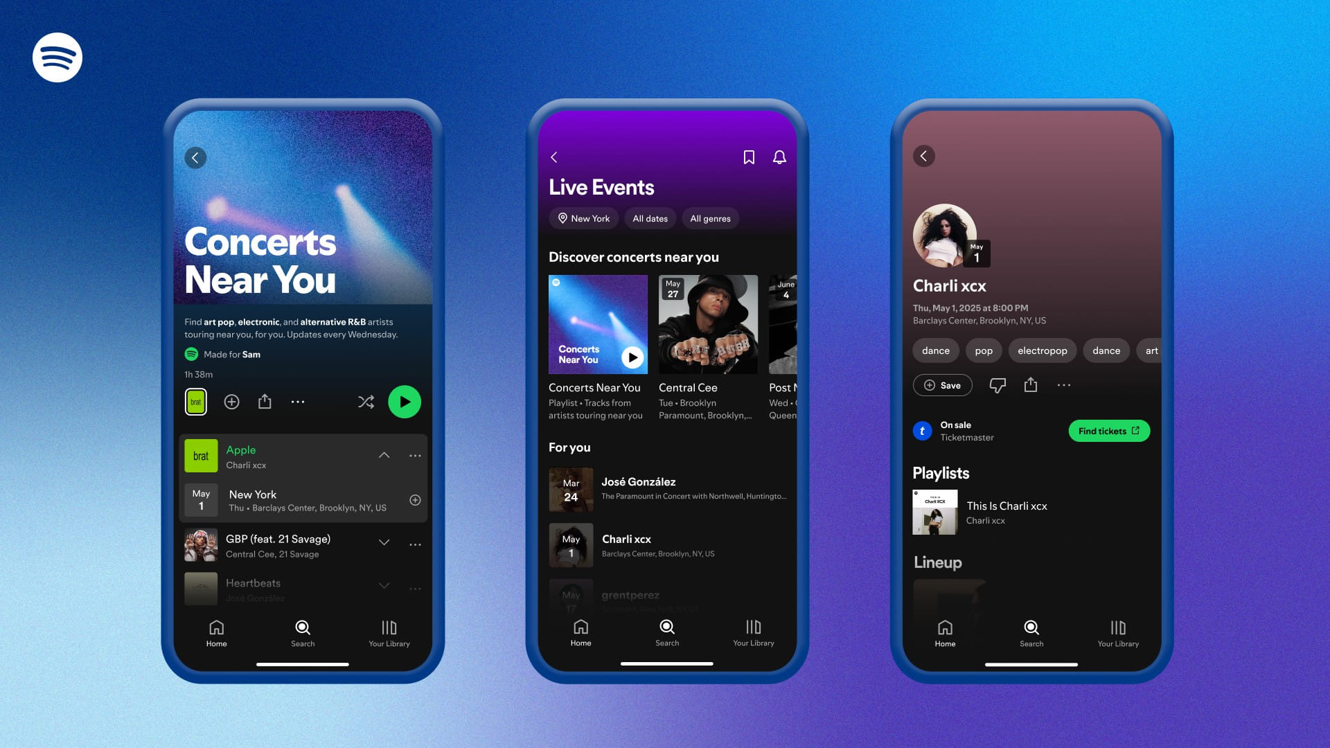 Novas telas do Spotify com a playlist Concerts Near You e a aba de eventos ao vivo