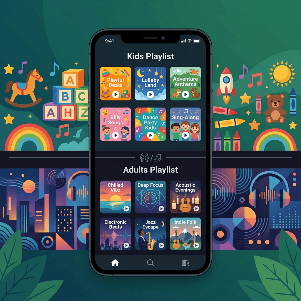 Ilustração conceitual sobre a separação entre playlists infantis e playlists de adultos em um app de streaming