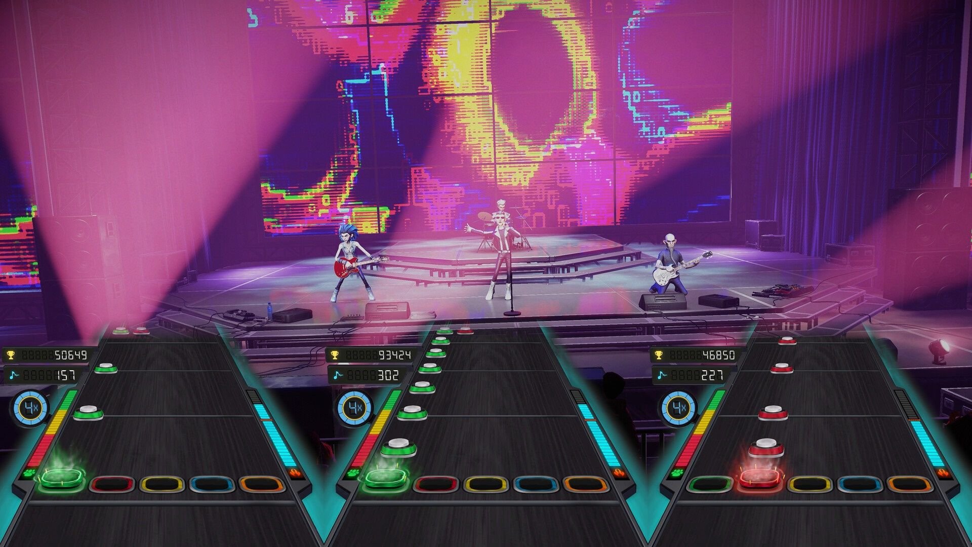 Cena de gameplay de Stage Tour com a trilha de notas em um palco