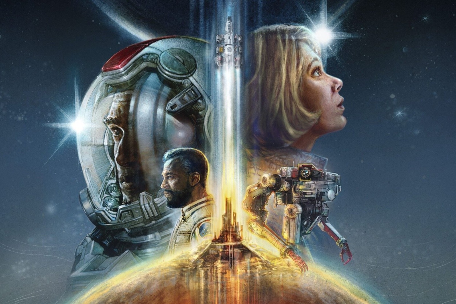 Ilustração oficial de Starfield com astronautas, uma nave e um robô