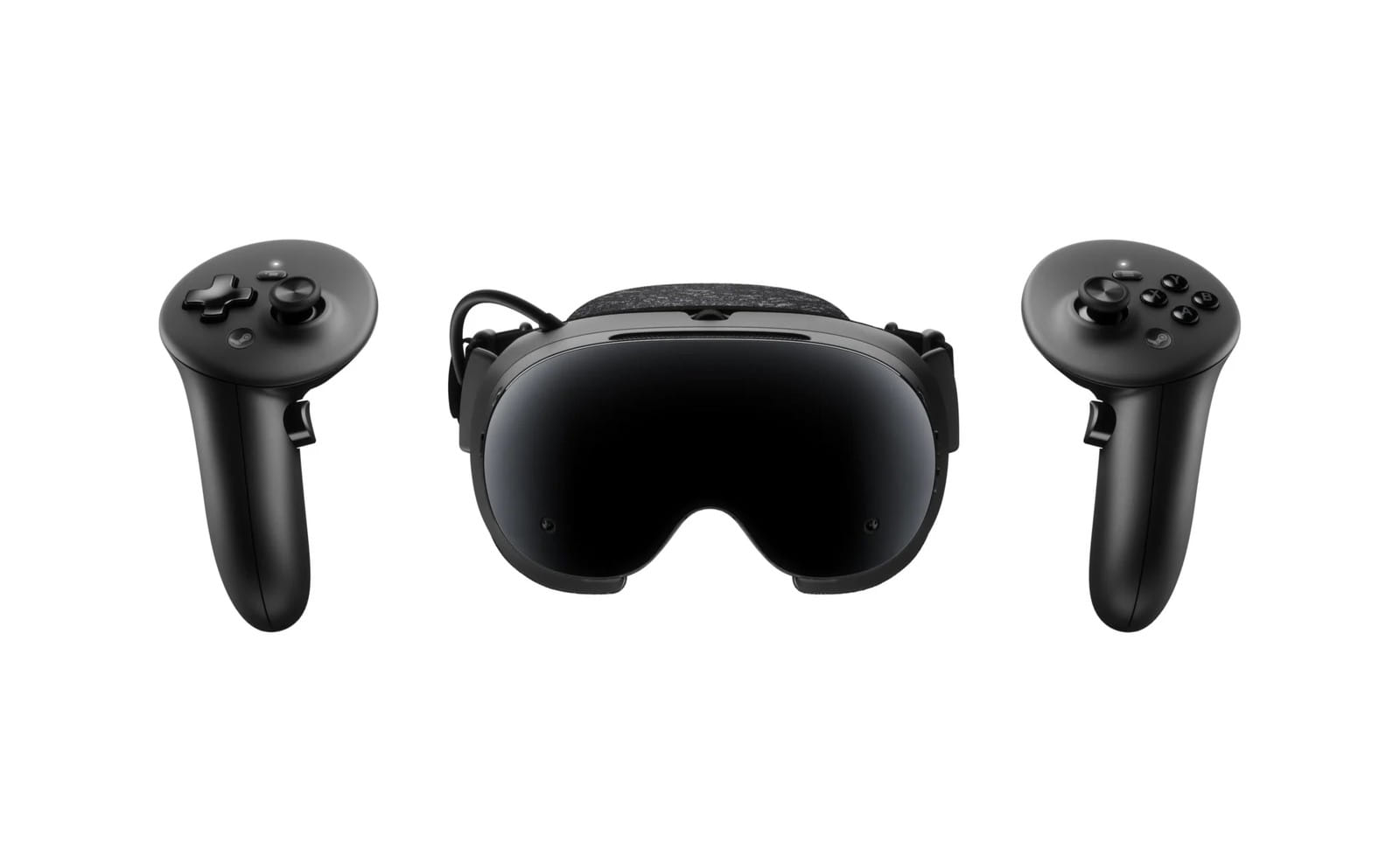 Steam Frame visto de frente, entre os dois controles sem fio que acompanham o kit